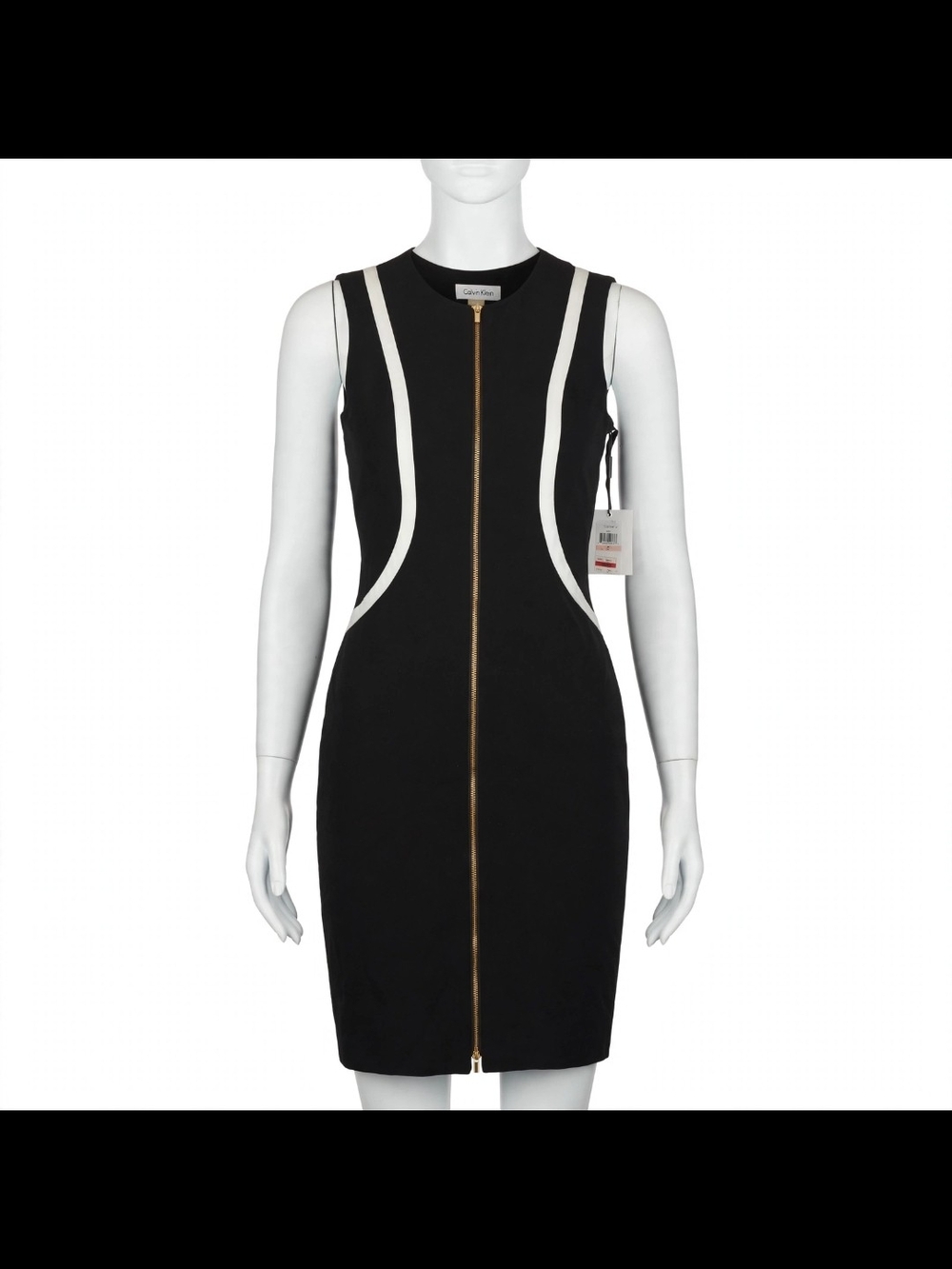 Calvin Klein Black Mini Dress with White Panels and Gold Zip